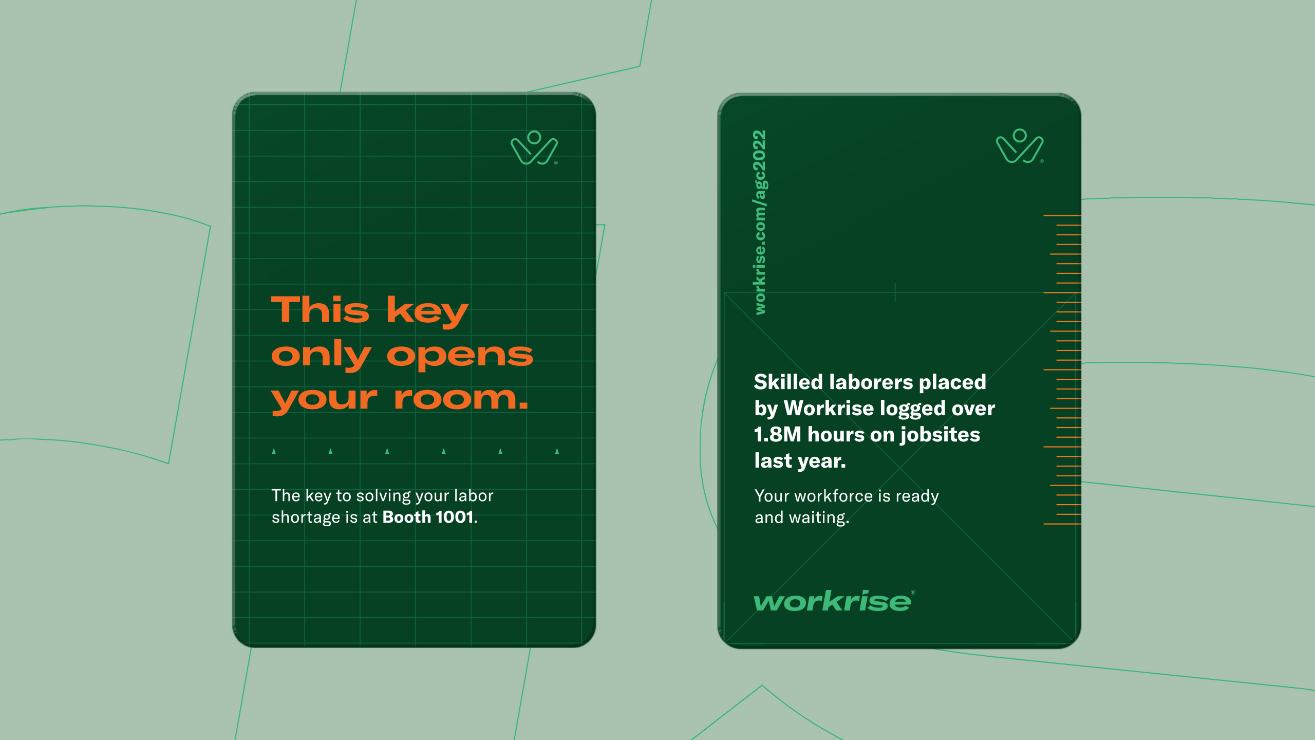 Workrise AGC hotel key card, front and back
