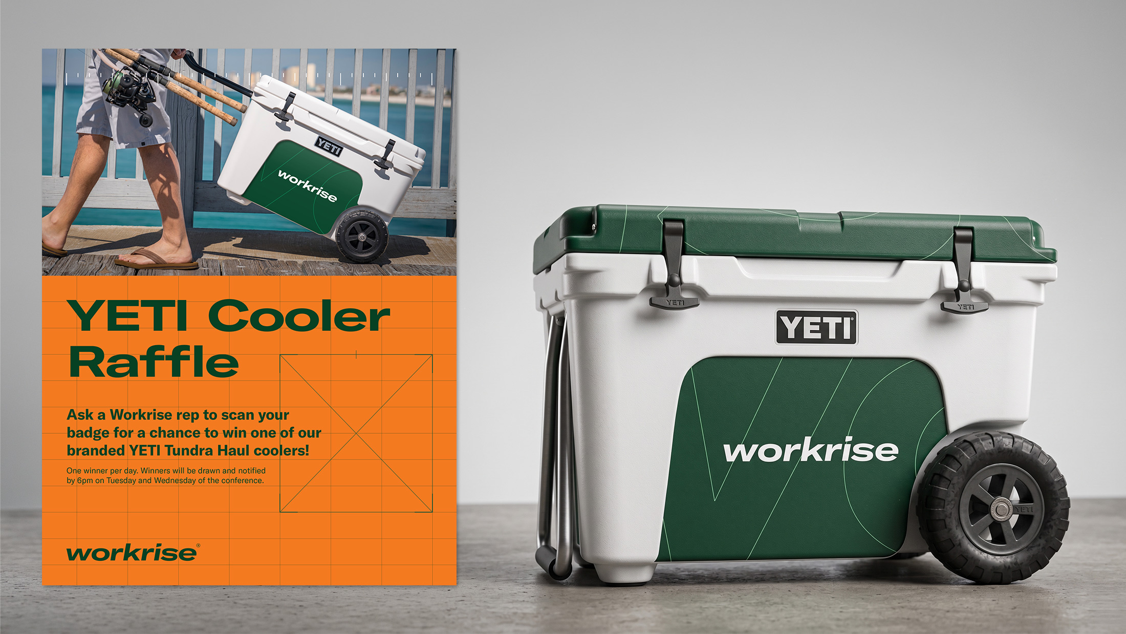Workrise YETI Cooler Raffle poster and branded cooler render