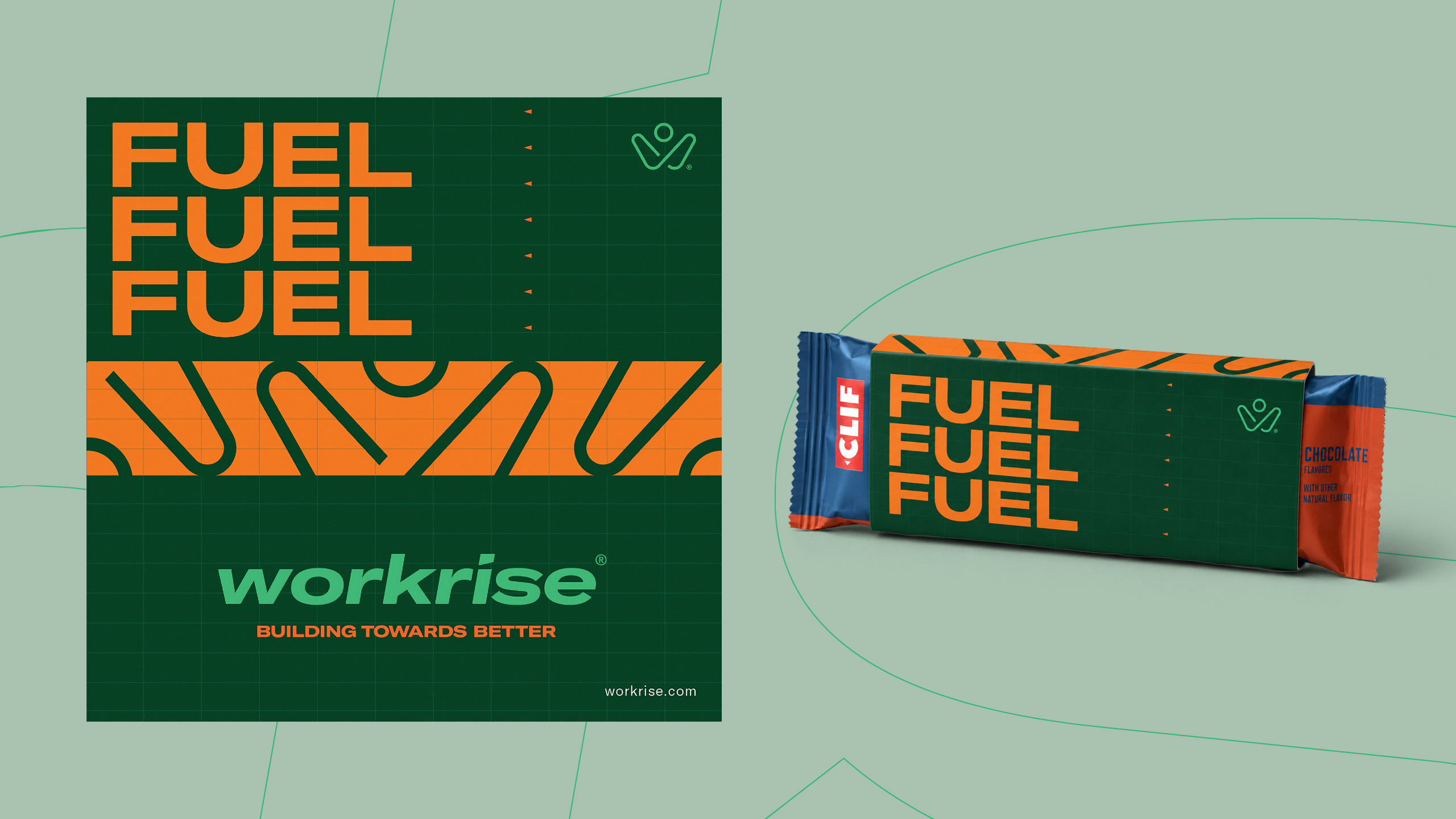 Workrise Fuel Bar signage and branded Clif bar wrapper
