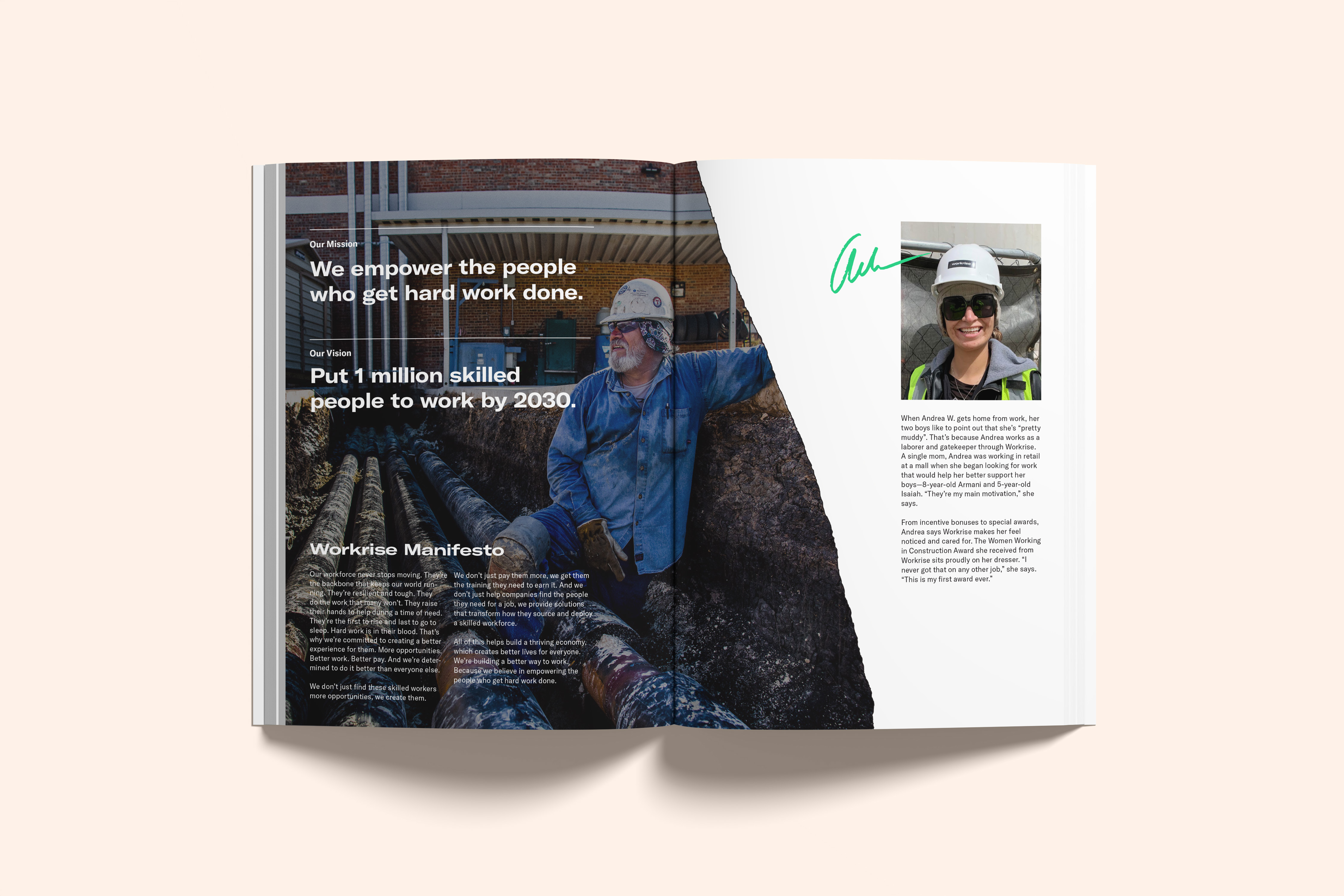 Culture Field Guide mission and vision spread with worker photography