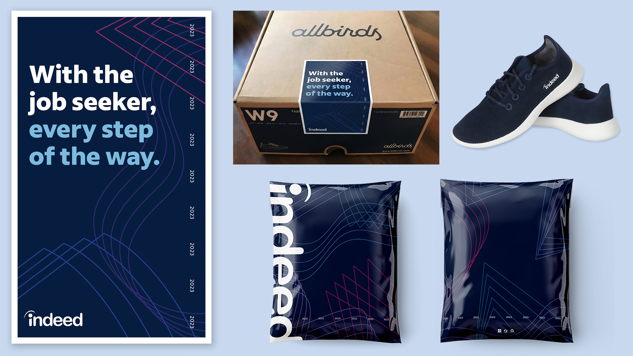 Indeed x Allbirds shoe collab with branded packaging and mailer bags