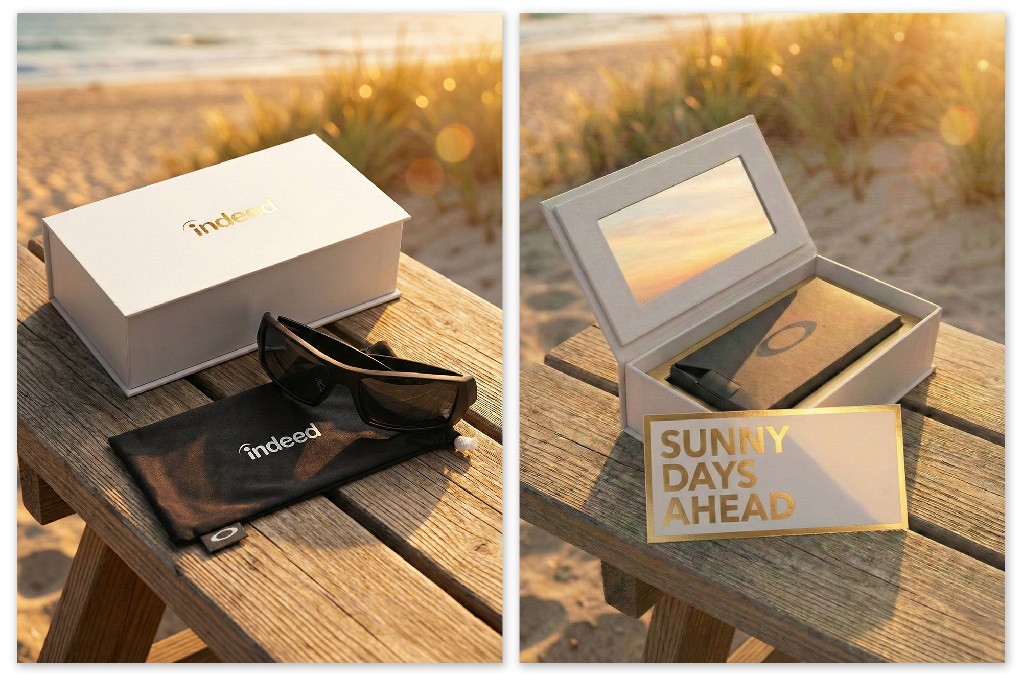 Indeed branded Oakley sunglasses gift set with Sunny Days Ahead packaging