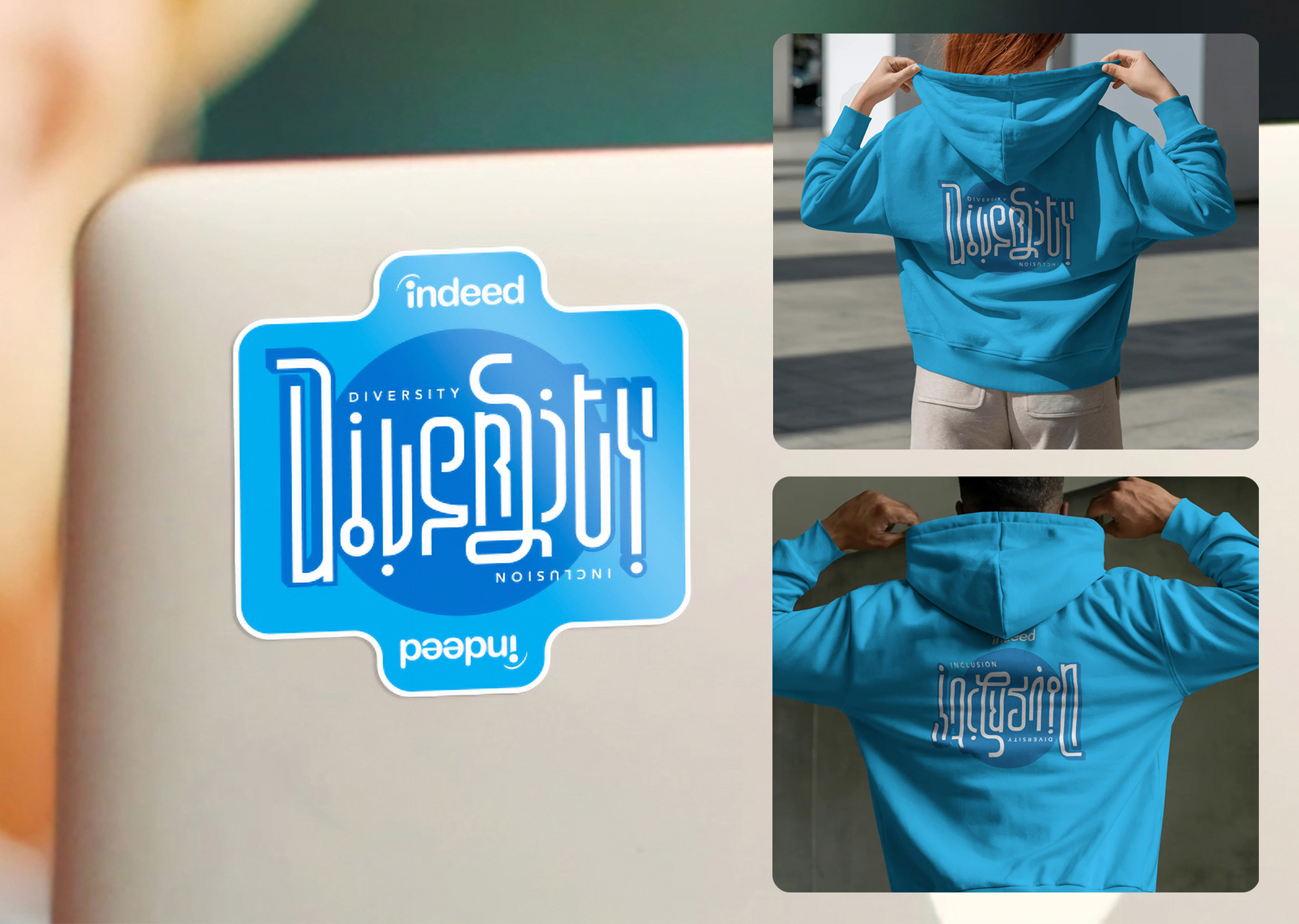 Indeed Diversity and Inclusion ambigram sticker and hoodie mockups